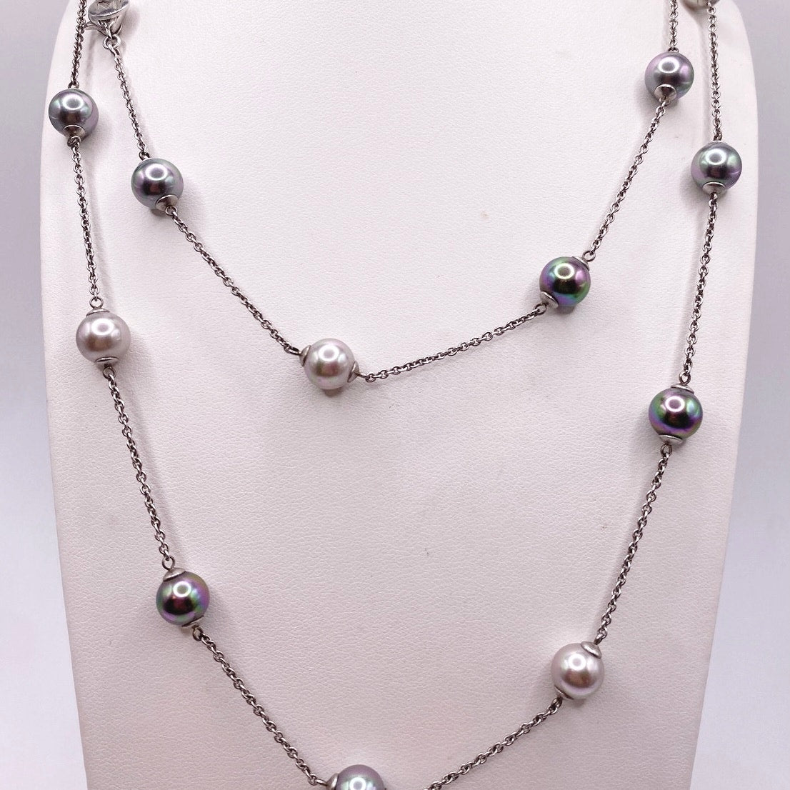 Majorica Necklace Sterling Silver-Colorful High Quality Faux Glass Pearls 34”