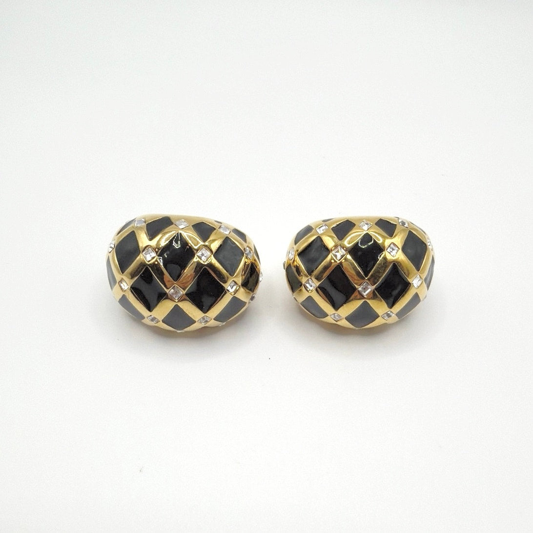 St John’s Black Enamel and Rhinestones Statement Clip On Earrings