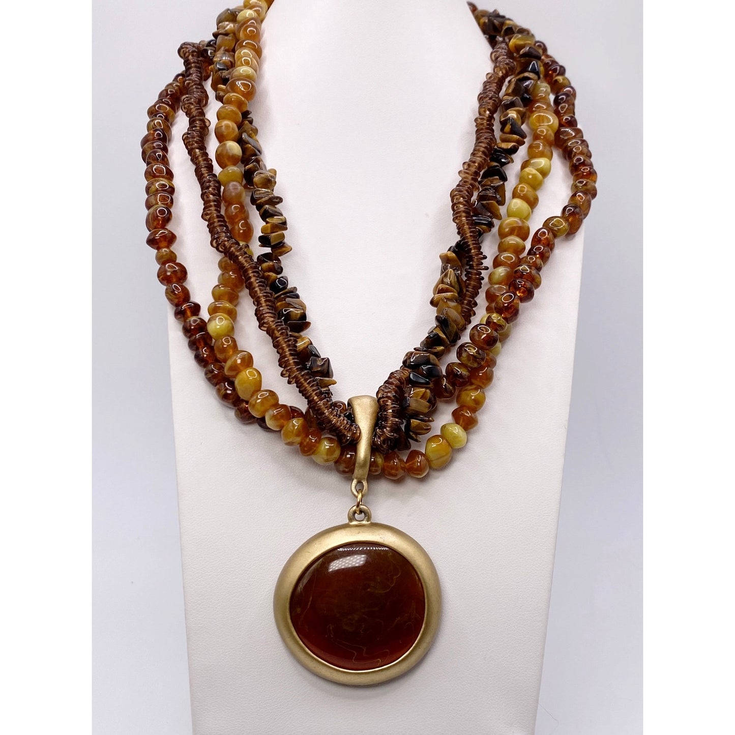 Vintage Amber Tone Lucite MultiStrand Necklace with Cabochon Pendant
