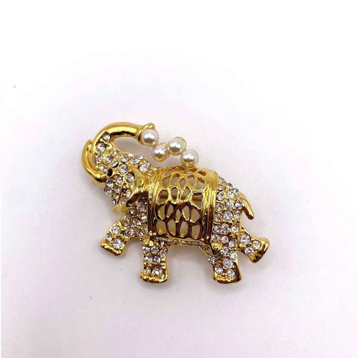 Gold Tone Elephant Brooch with Faux Pearls and Rhinestones
