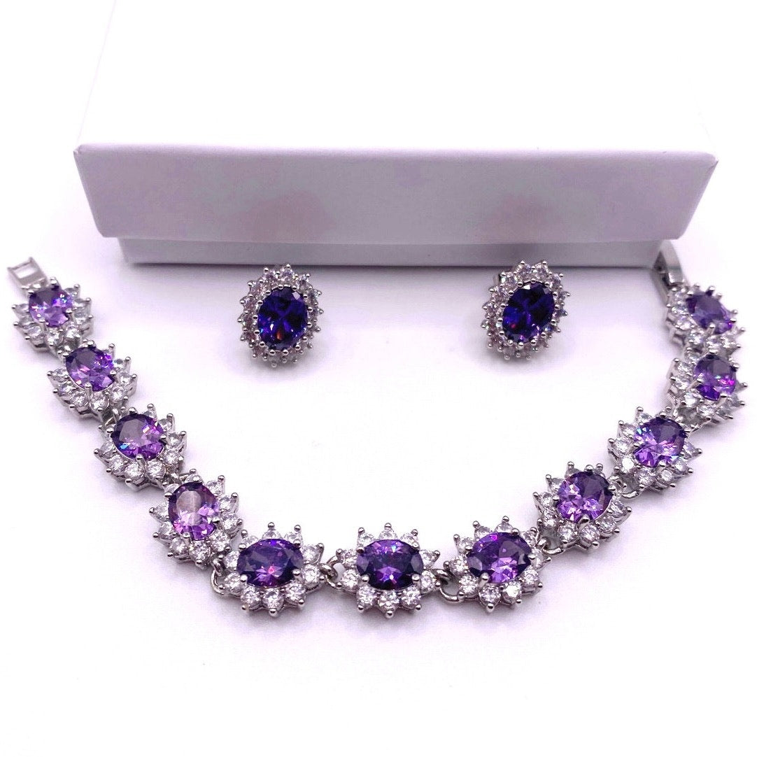 High Quality Rhodium and Silver Plated Bracelet and Studs Earrings-Lab Amethyst