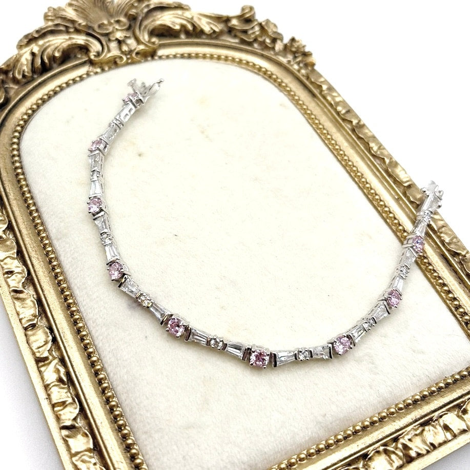 Vintage Tennis Bracelet Silver Plate Signed JDI Pink and White CZ Crystals 7"