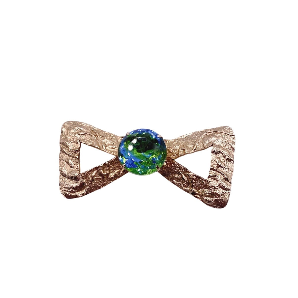 Vintage Brooch Bow with Bohemian Green and Blue Glass 2” long