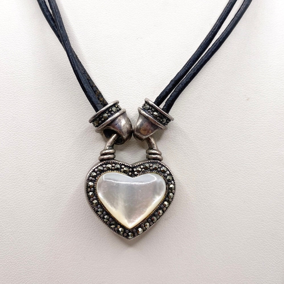 Sterling Silver Reversible Pendant Onyx and Mother of Pearl Necklace on a Cord