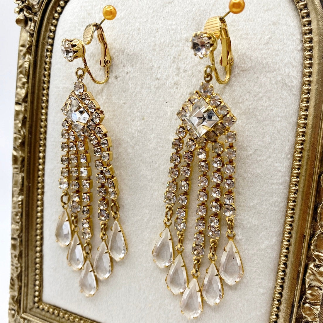 Vintage Glass and Rhinestones Chandelier Clip On Earrings 3"