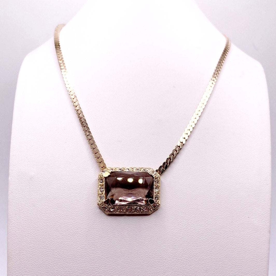 Vintage Beautiful Smoky Glass Crystal Pendant with Gold Tone Chain