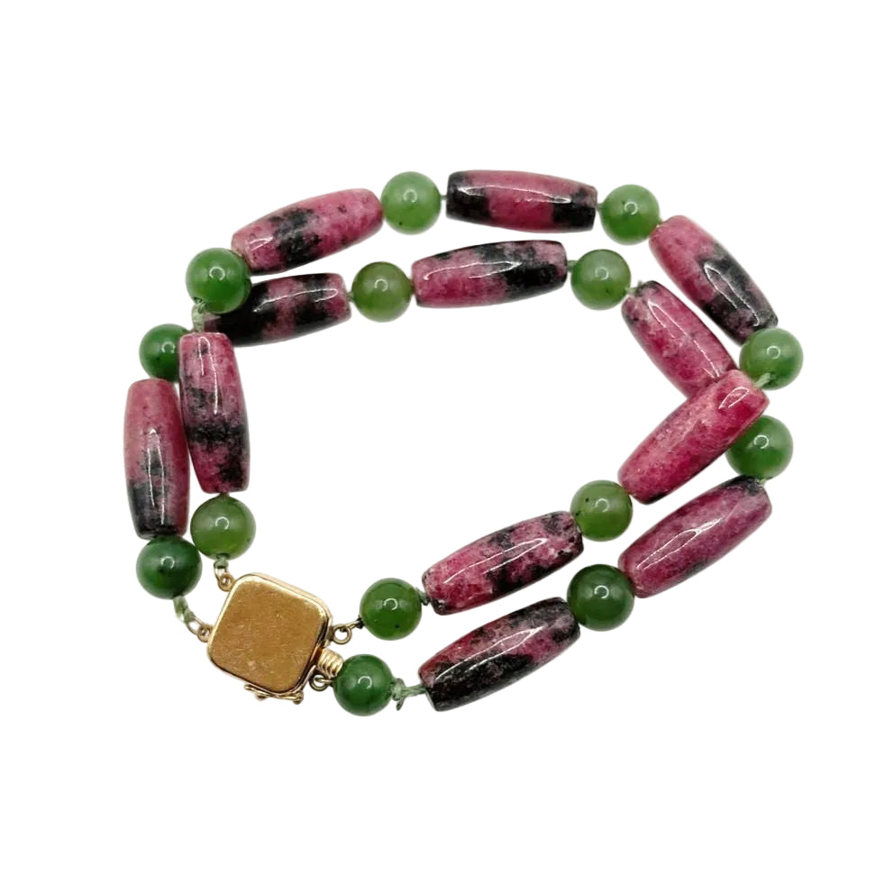 14k Gold Box Closure Vintage Rhodonite Barrel Stones Necklace and Bracelet Set