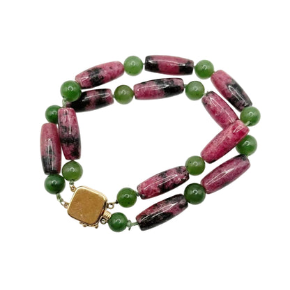 14k Gold Box Closure Vintage Rhodonite Barrel Stones Necklace and Bracelet Set