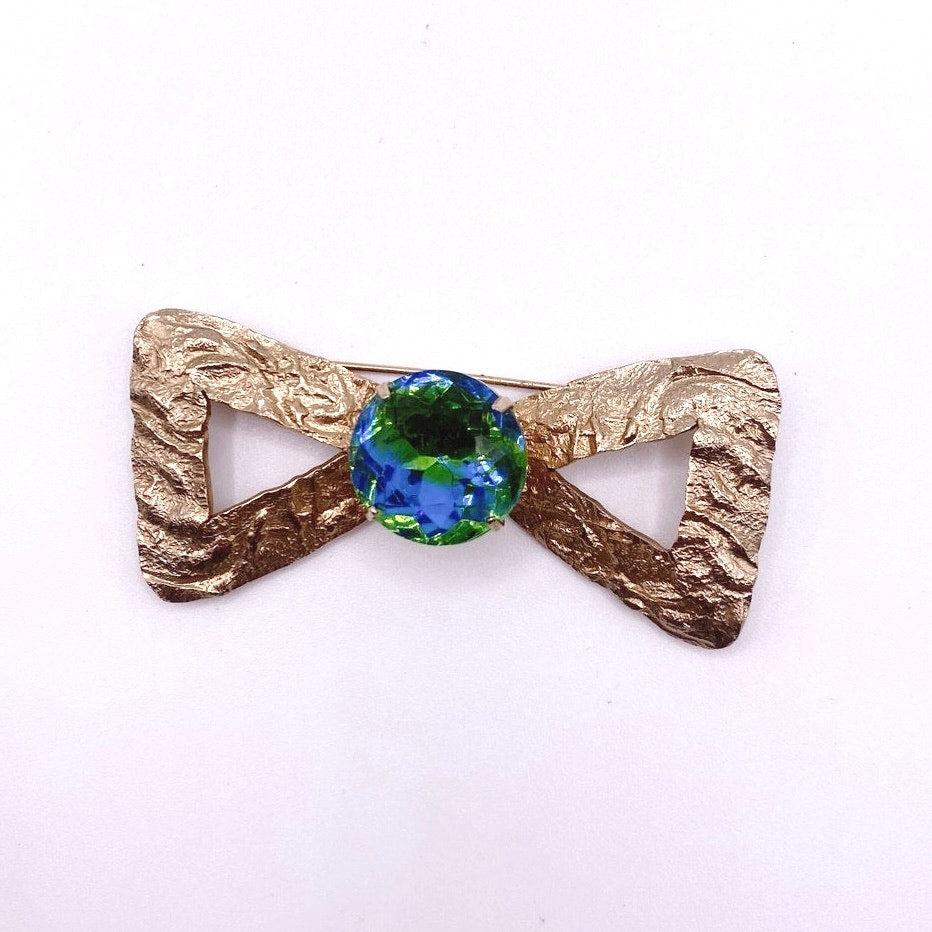 Vintage Brooch Bow with Bohemian Green and Blue Glass 2” long