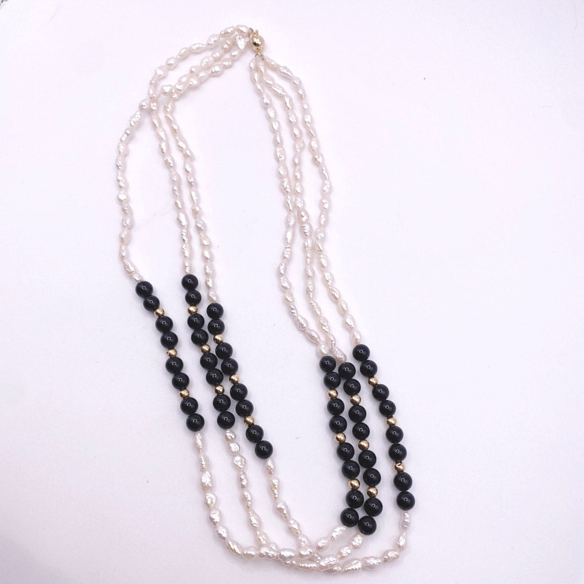 Three Strand 14k Gold Beads and Clasp Rice Mother of Pearl Onyx Necklace 16.5”