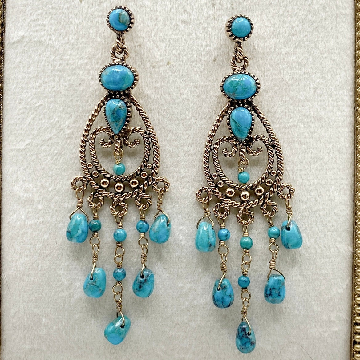 Barse Vintage Gold Filled And Turquoise Chandelier Dangling Studs Earrings 3”