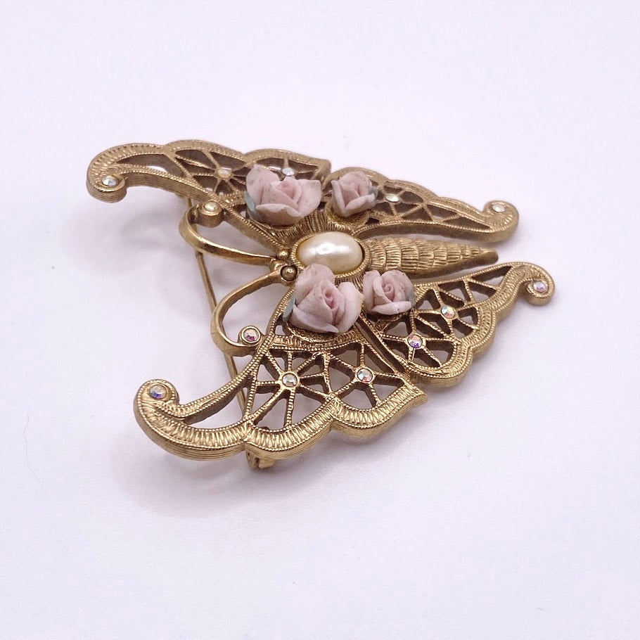 Vintage Gold Tone Butterfly with Ceramic Flowers