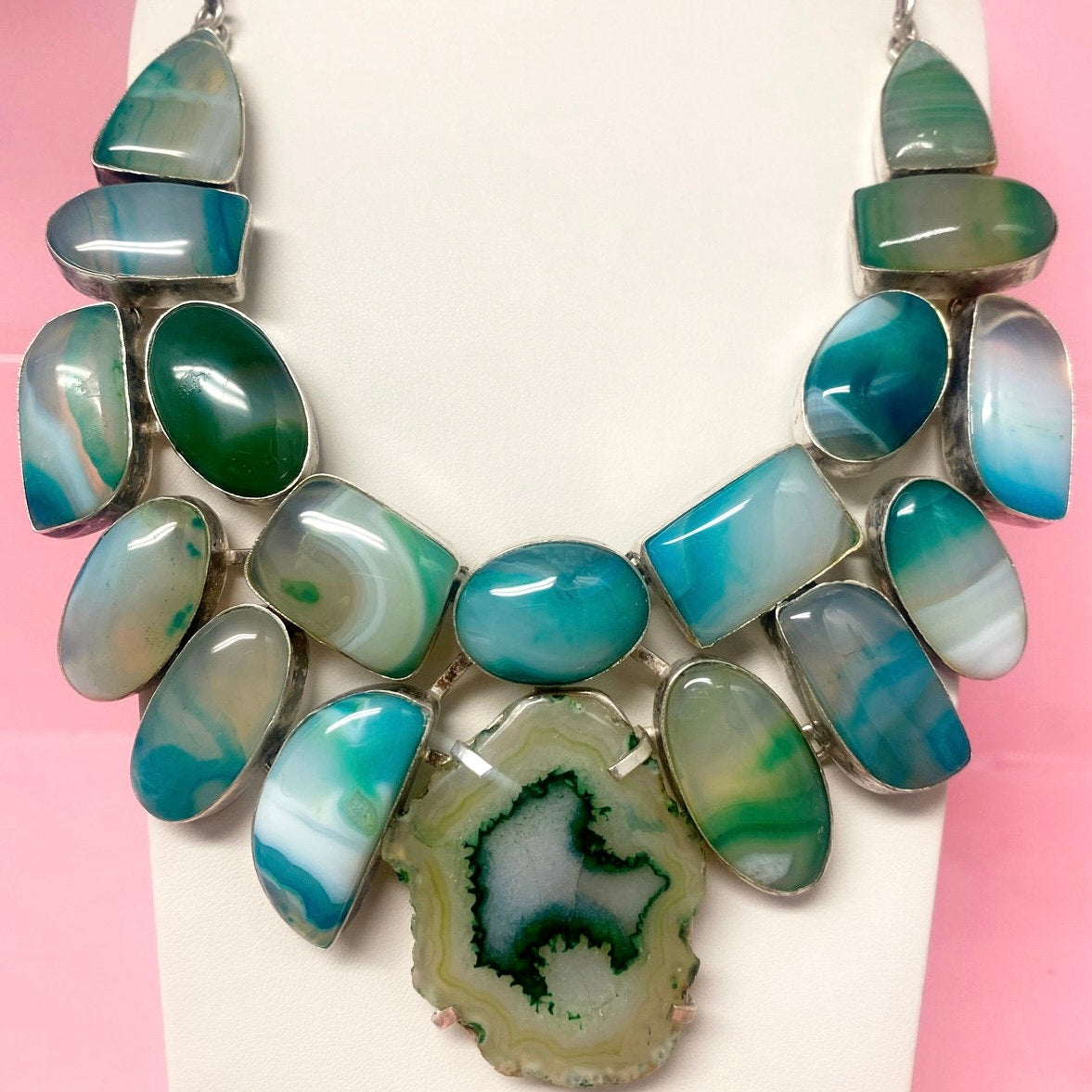 Dyed White Agate Green Tone Sterling Silver Plated Statement Necklace
