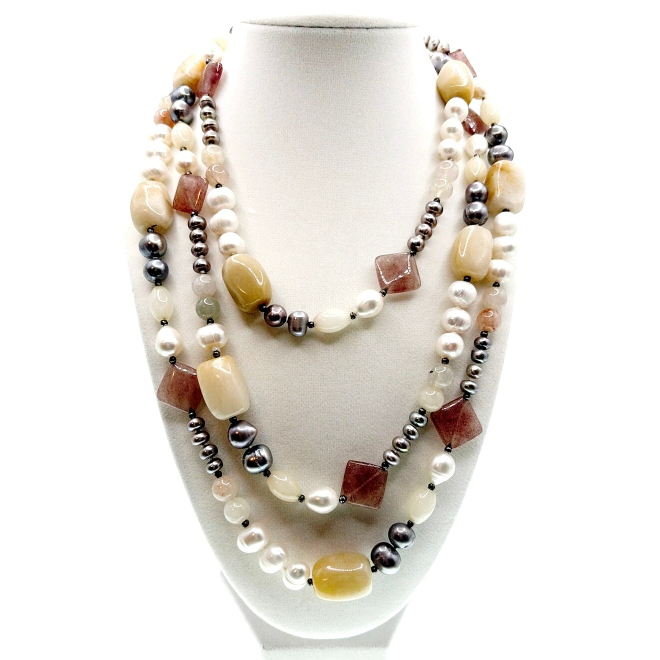 Gemstones and Pearls Knotted Vintage Extra Long Necklace 66” One Strand