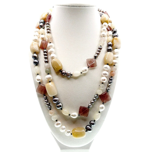 Gemstones and Pearls Knotted Vintage Extra Long Necklace 66” One Strand