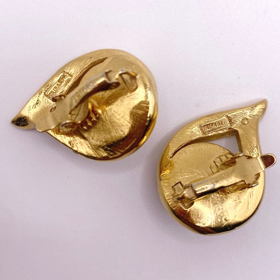 Trifari Clip On Earrings Faux Pearl Gold Tone