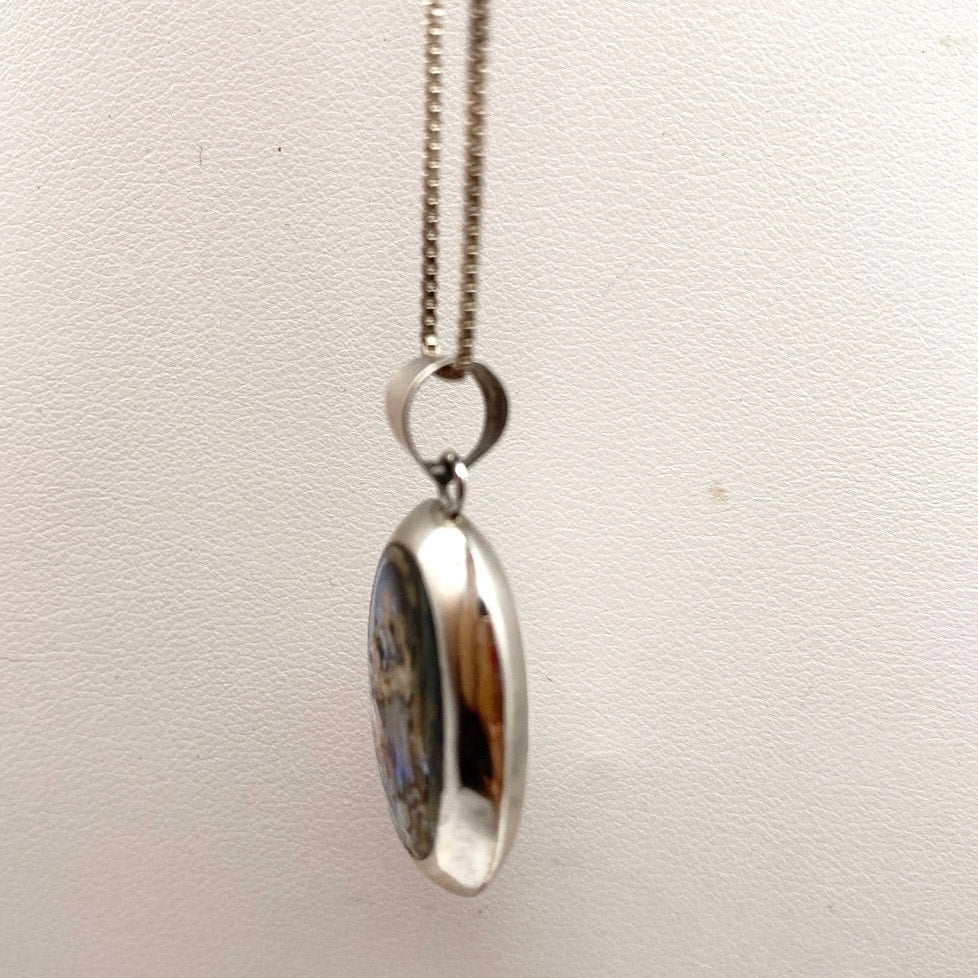 Sterling Silver Shiva Eye Shell and Abalone Double Face Pendant and Necklace 18”
