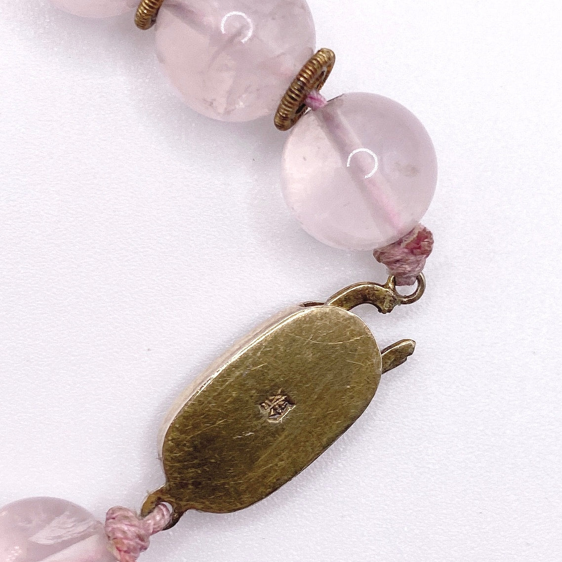 Shou Signed Carved Rose Quartz Vintage Chinese Necklace Vermeil Clasp