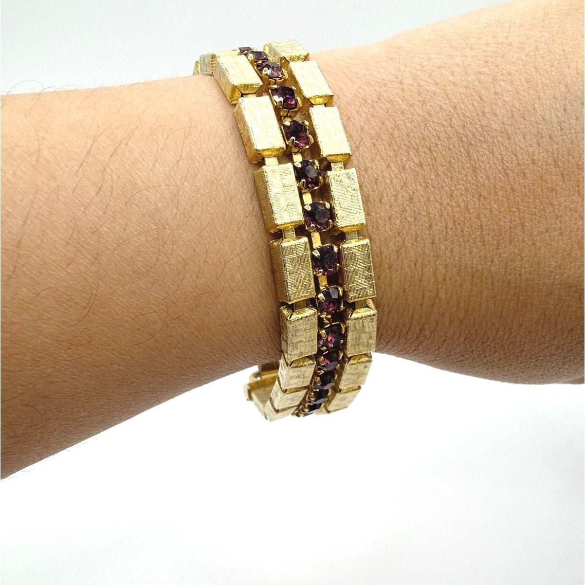 Retro Midcentury Bracelet Gold Tone Boxes Links and Purple Rhinestones 7”