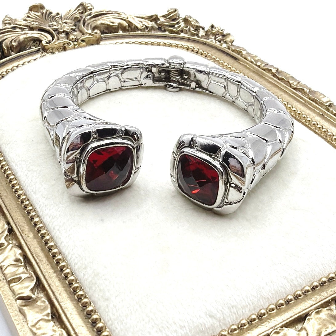 Vintage Silver Tone and Red Glass Rhinestones Open Cuff Bracelet Size 7