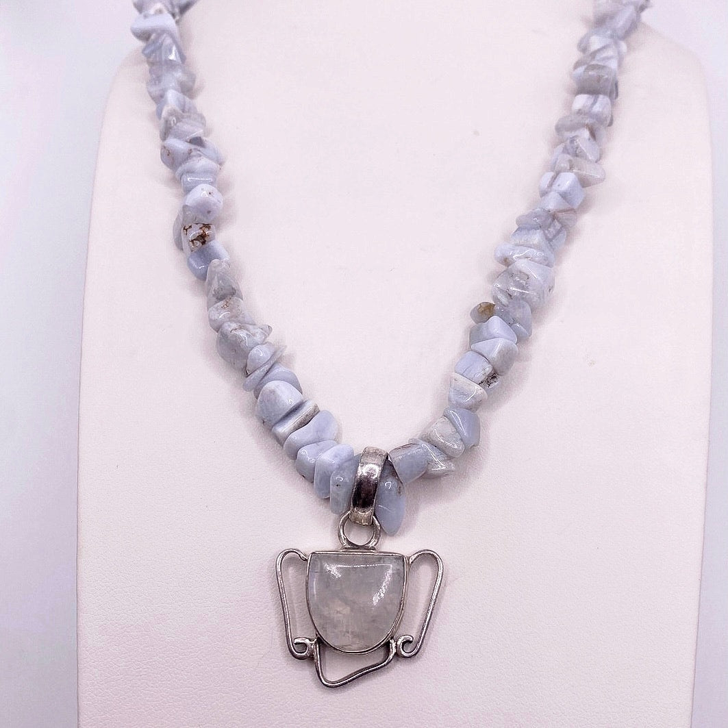 Vintage Blue Lace Agate and Sterling Silver Necklace with Moonstone Pendant