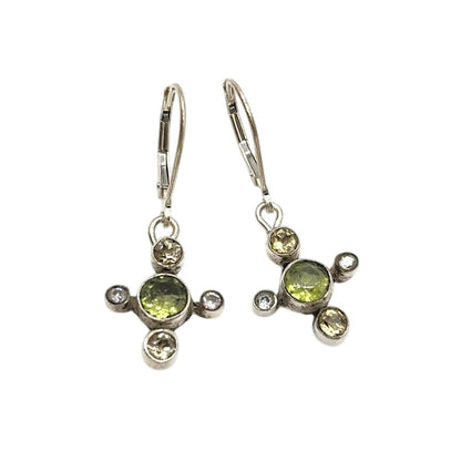 Sterling Silver Dainty Earrings Drop Cross With Peridot and Quartz Gemstone