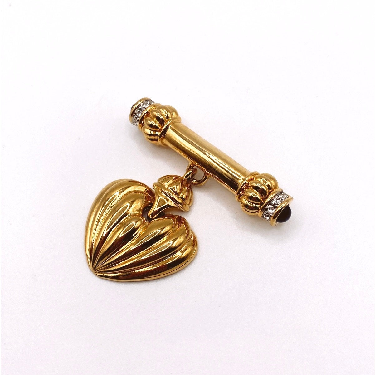 Vintage Heart Pendant Brooch Bar with Rhinestones and Blue Glass Cabochons