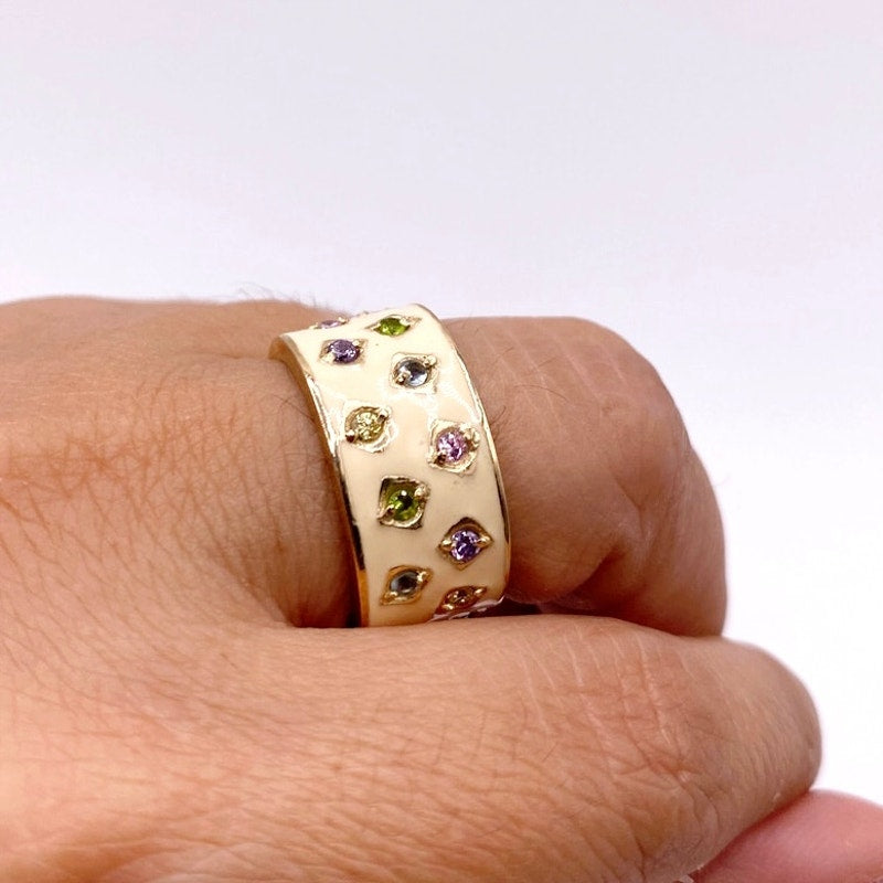 Sterling Silver Gold Vermeil Enamel Wide Band Ring 5.5"