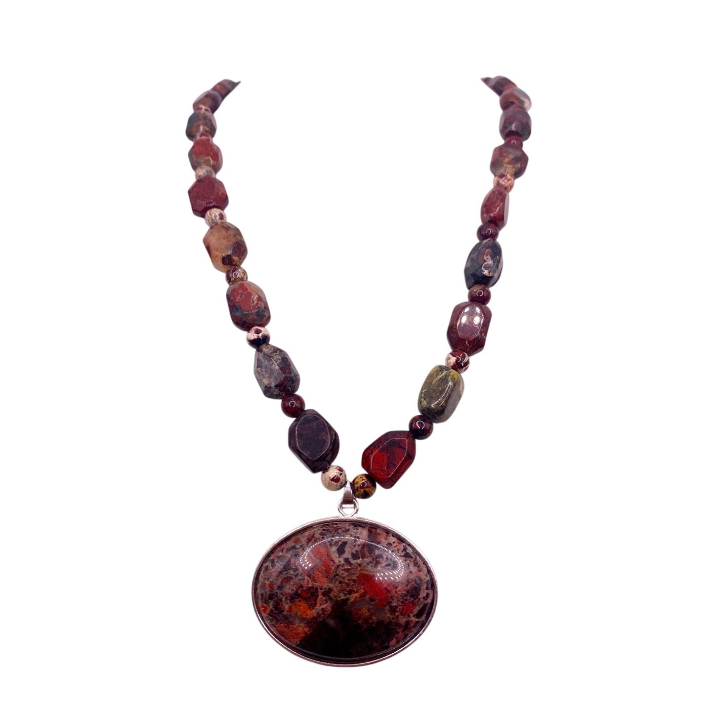 Vintage Red Agate and Jasper Beaded Necklace with Cabochon Pendant