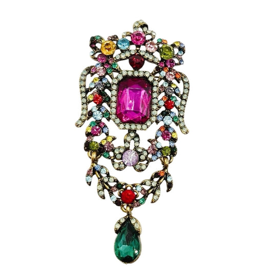 Rococo Style Vintage Colorful Rhinestones Large Brooch 4” With Dangling Parts