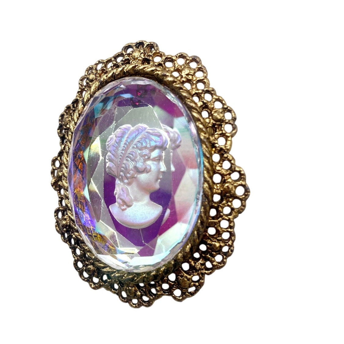 Vintage Brooch and Pendant Intaglio Glass Cameo Gold Tone Filigree Chrome 2”
