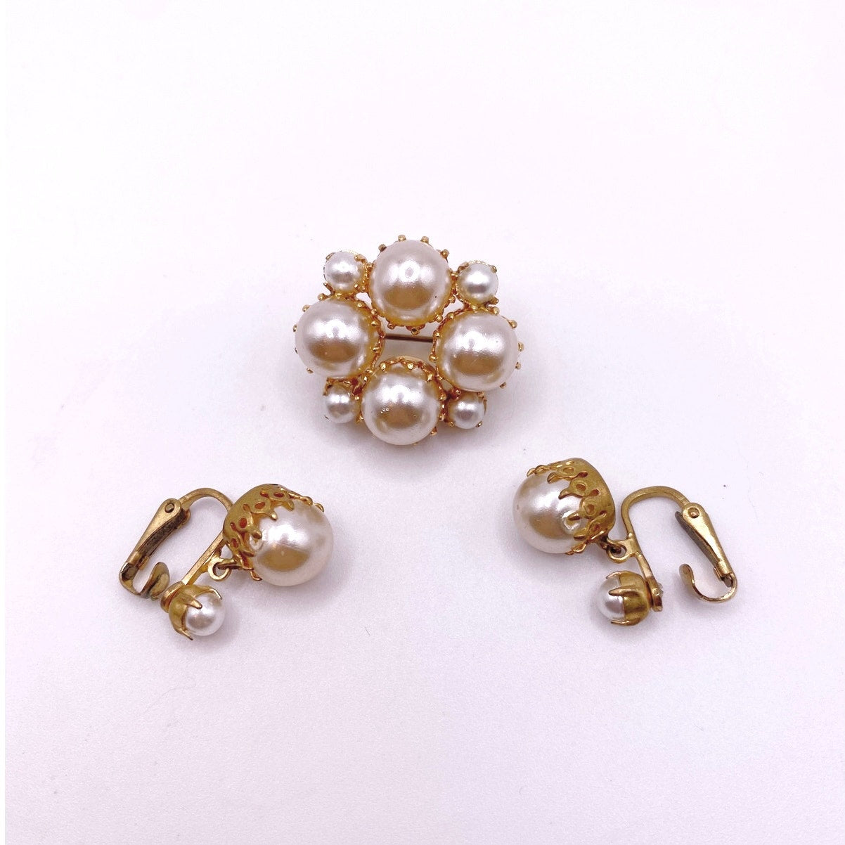 Vintage Clip On Earrings and Brooch Faux Pearls Austria Signed