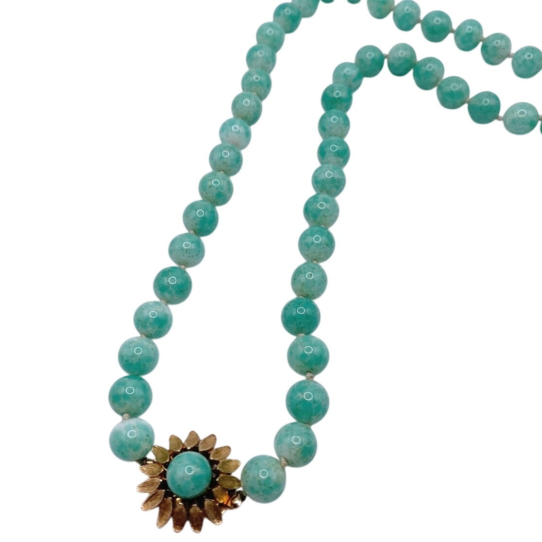 Vintage Green Pekin Glass Beads Chinese Necklace 22” with Flower Clasp