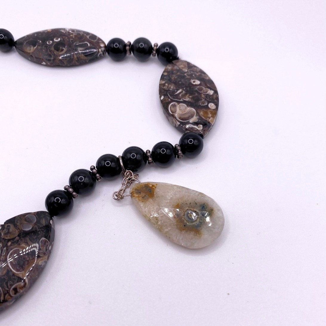 Turritella Fossil and Lace Onyx Beaded Necklace with Solar Quartz Pendant