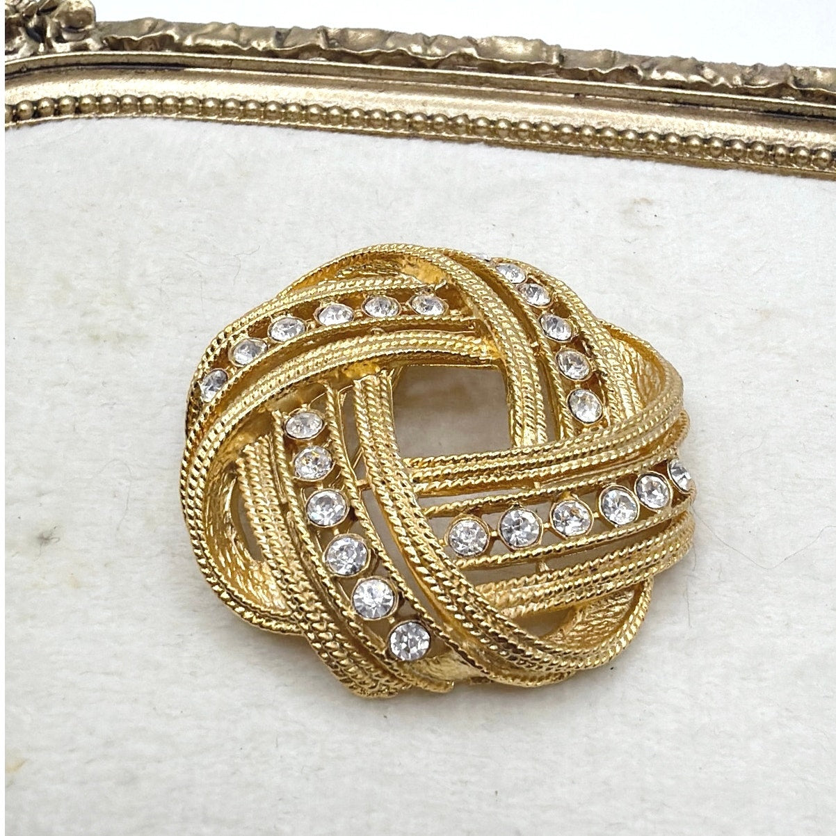 Vintage Brooch Rhinestones knot Gold Tone