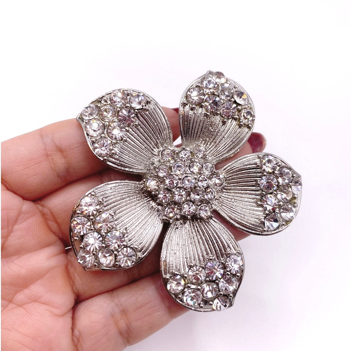 Vintage Silver Tone Brooch Flower With Rhinestones 2”