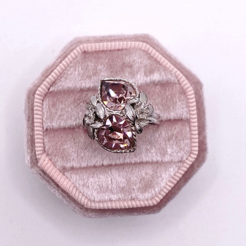 Sarah Coventry Vintage Pink Sweetheart Rhinestones Adjustable Ring 7”