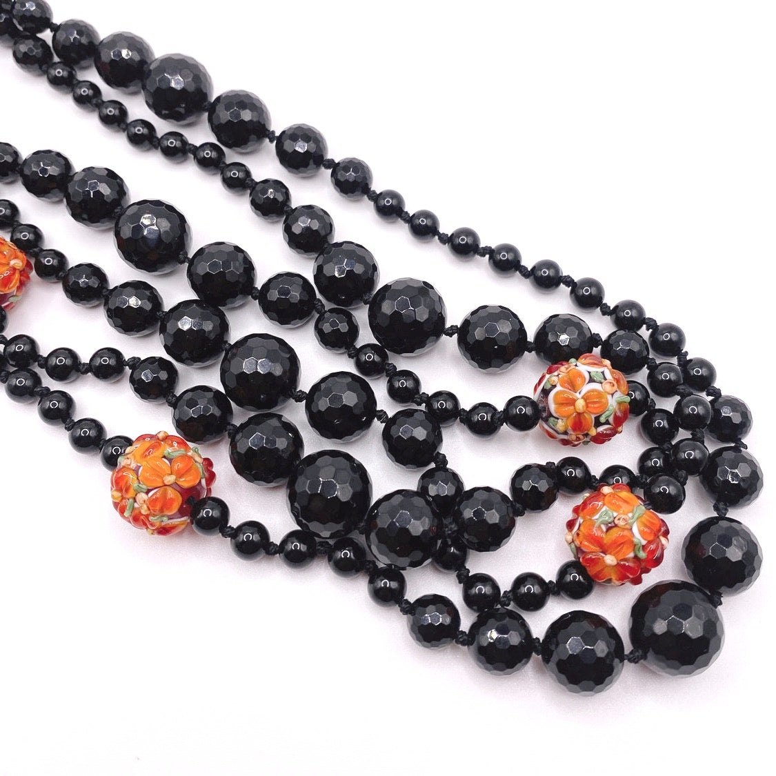 Black Opera Necklace Extra Long 66” Knotted Onyx and Murano Glass Millefiori Orange Beads