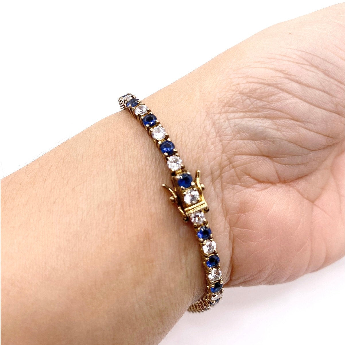 Vintage Sterling Silver Gold Vermeil 925 Bracelet Blue and White CZ 3mm Size 7”