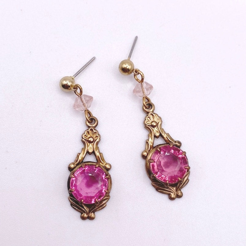 Vintage Brass Filigree Dangling Earrings Lustrous Pink Rhinestones