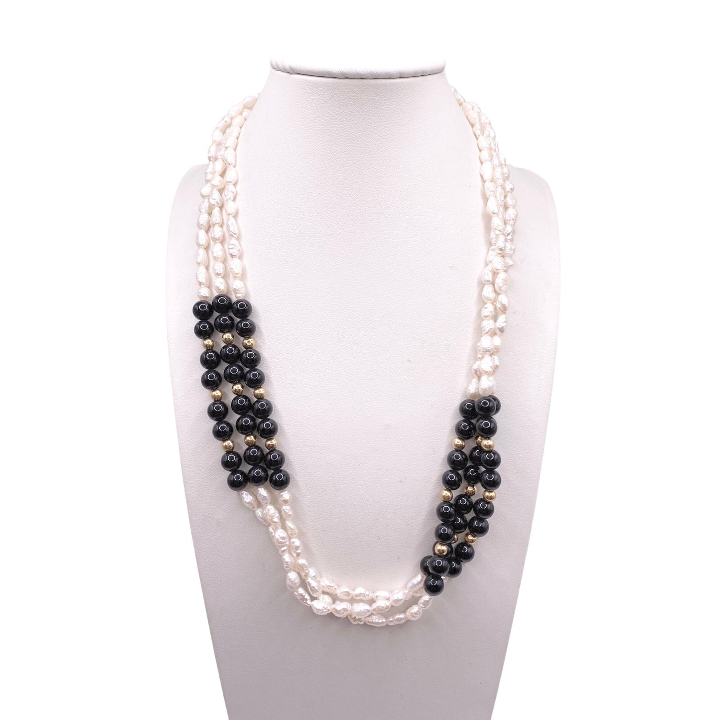 Three Strand 14k Gold Beads and Clasp Rice Mother of Pearl Onyx Necklace 16.5”