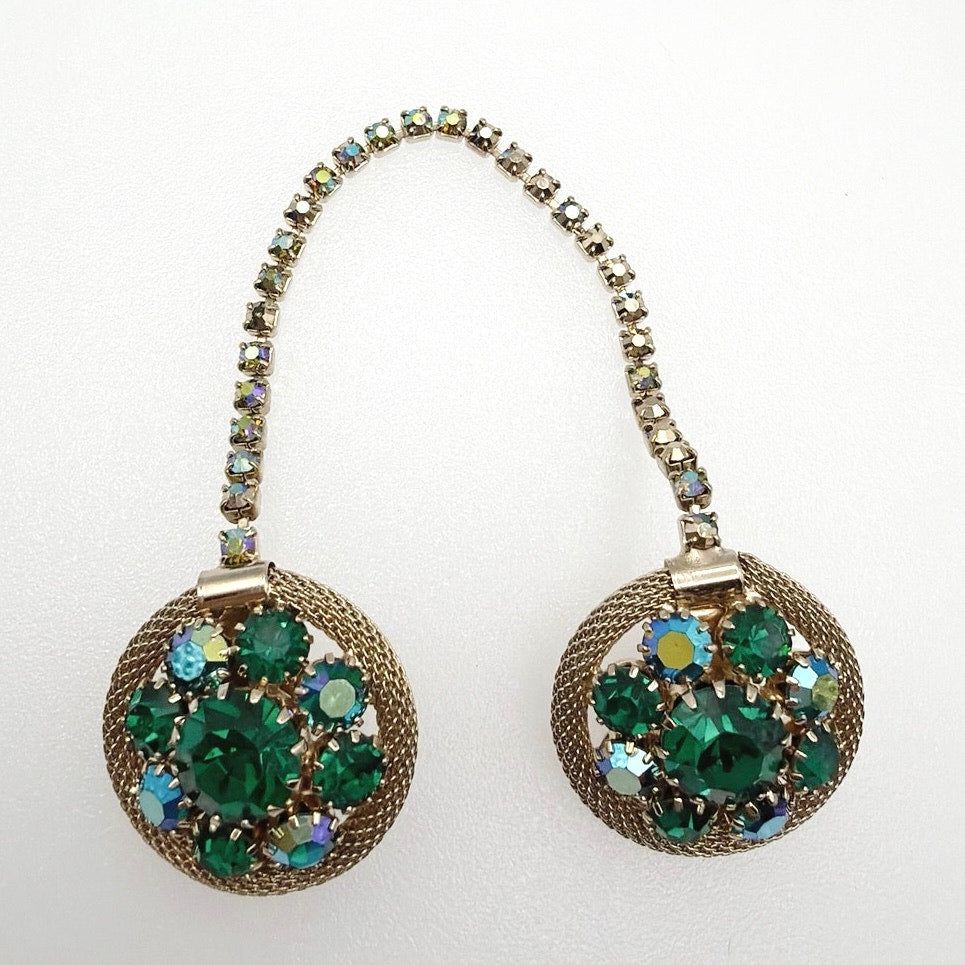 Vintage Green and Blue Rhinestones Sweater Clip 7” Chain