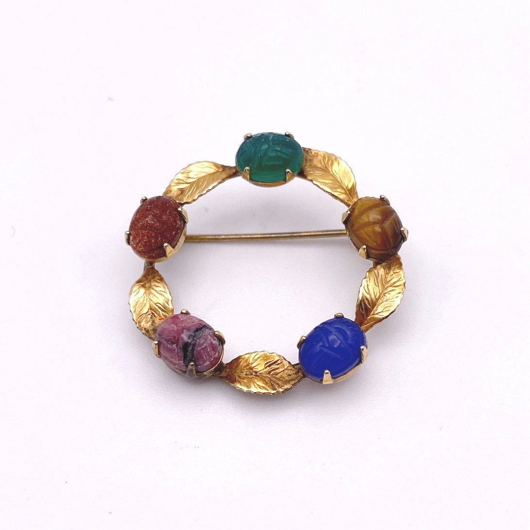 Vintage Gold Plated Filigree Brooch Egyptian Revival with Gemstones Scarabs