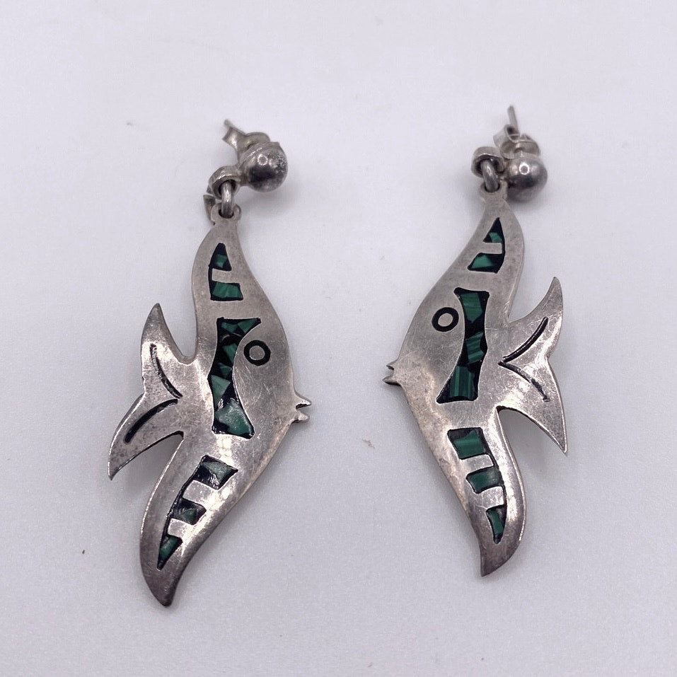 Taxco México St Silver Fish Earrings with Malachite Stone