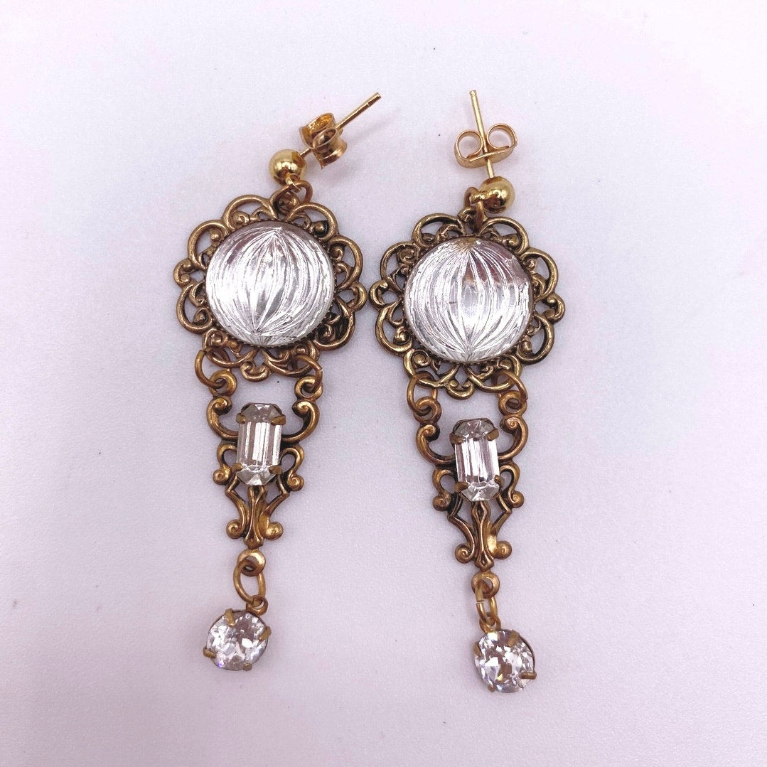 Vntg Dangling Earrings Filigree Brass with White Rhinestones and Glass Stones