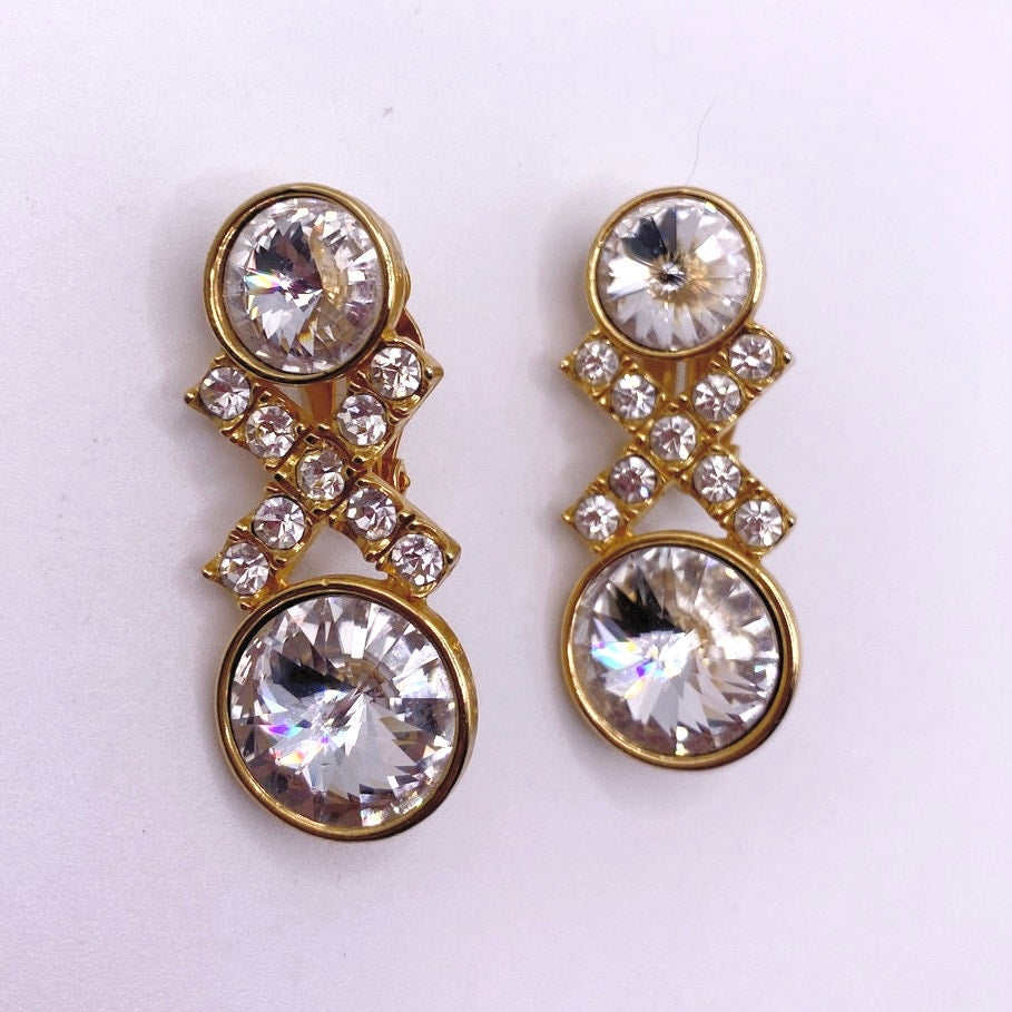 Vintage Clip On Earrings Ravioli White Stones and Rhinestones Gold Tone