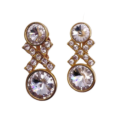 Vintage Clip On Earrings Ravioli White Stones and Rhinestones Gold Tone
