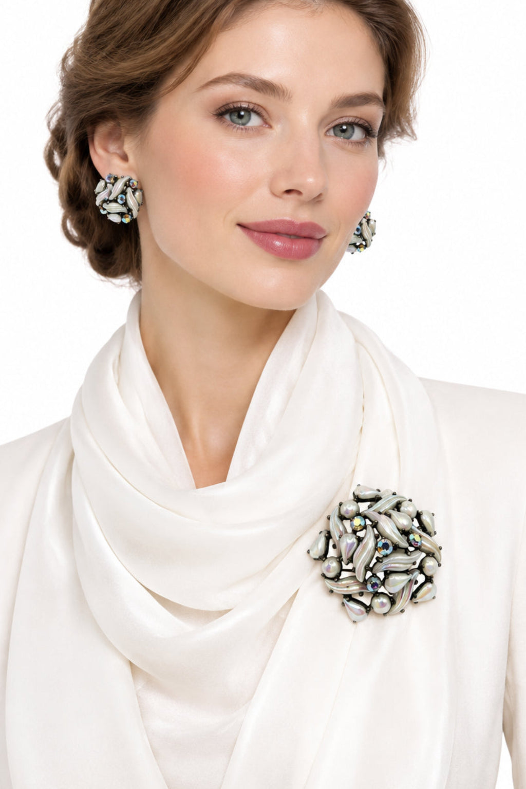 Elsa Schiaparelli AB White Molded Glass Earrings and Brooch Set