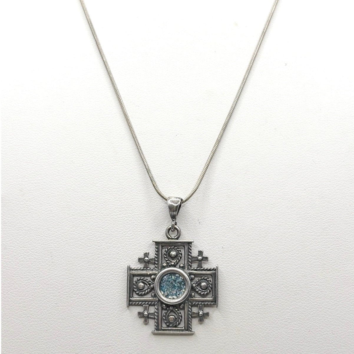 Ancient Roman Glass 925 Sterling Silver Necklace with Pendant and Jerusalem Cross