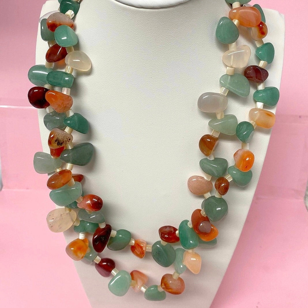 Carnelian & Agate Necklace Double-Strand Gemstone
